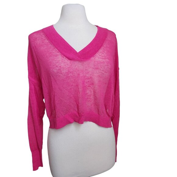 Maeve By Anthropologie Linen Knit‎ Crop V Neck Hot Pink Open Knit XXS (Fits M) - Picture 1 of 13
